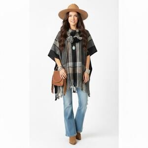 Handmade Wool Poncho Womens Brown Checker Blanket Wrap Western Boho Cottage